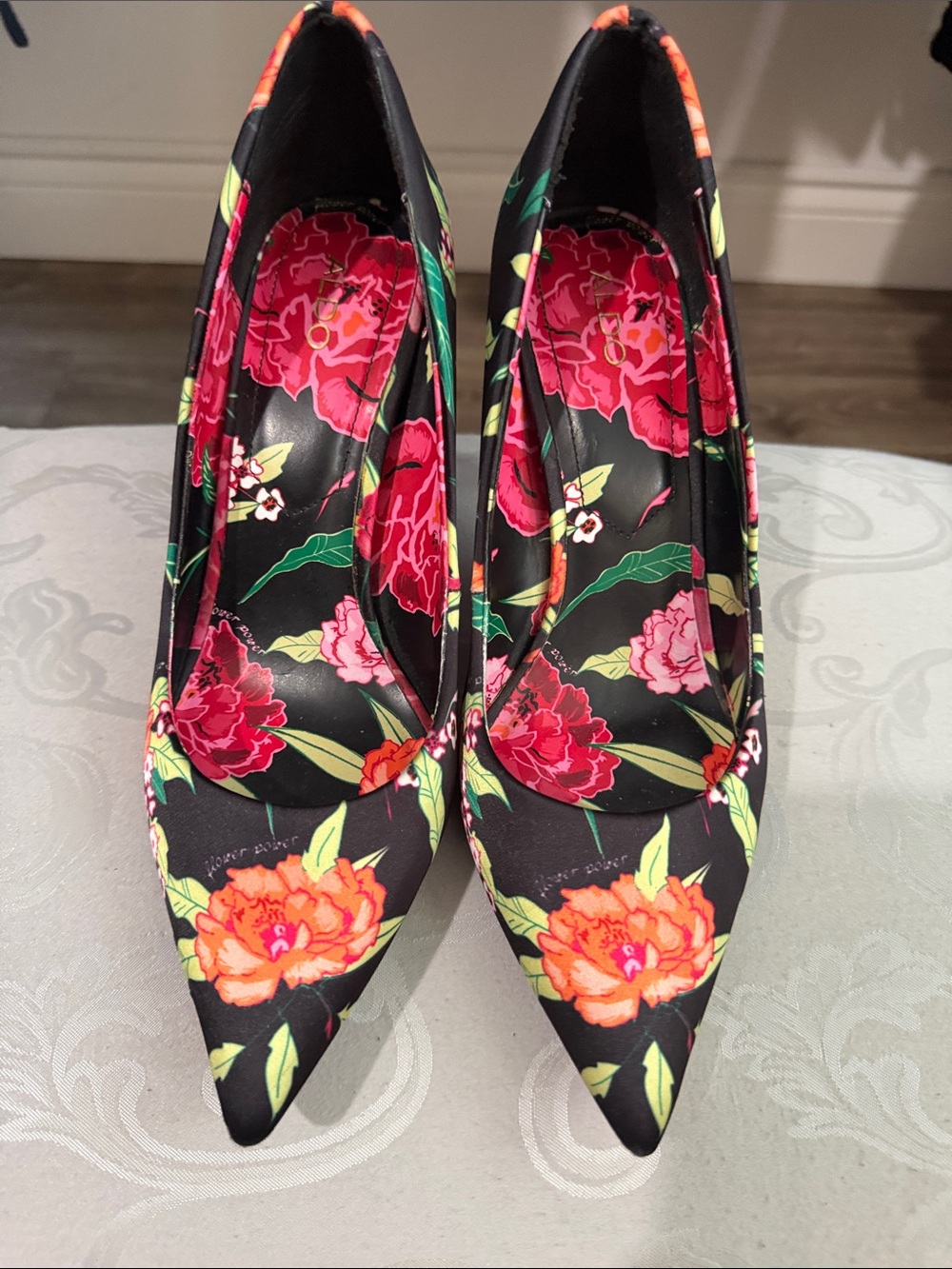 Aldo Black Pointed Heels with Pink & Orange Floral Pattern